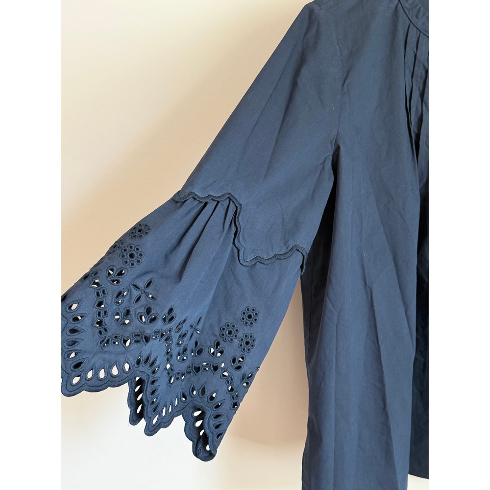 Kobi Halperin Eyelet Bell Sleeve Blouse Womens Small Navy Blue Pintuck Tassel - Picture 3 of 10